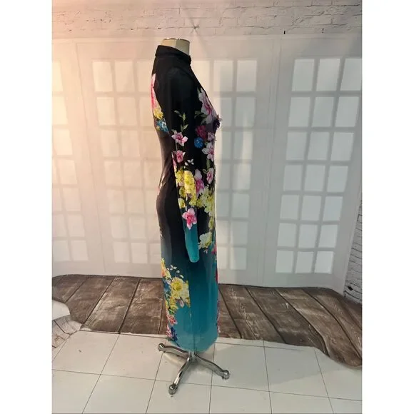 AFRM Black Aqua Rose Nude Floral Mesh Turtleneck Shailene Maxi Dress Size Small - Picture 7 of 13